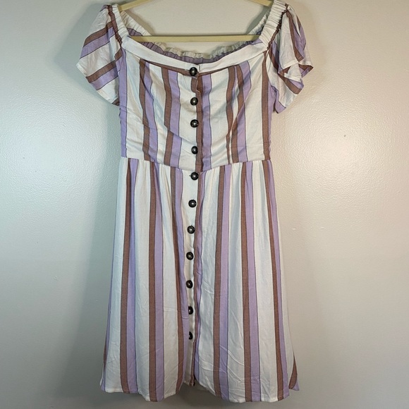 Harper Vintage purple stripe off shoulder button down front dress size M… - Picture 1 of 5